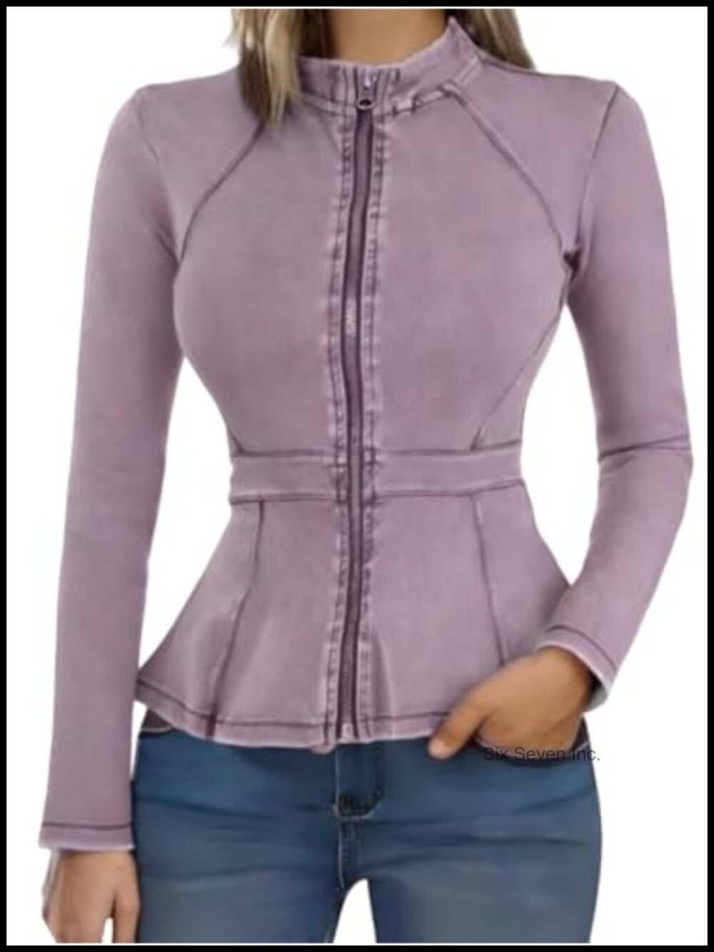 Women's Denim Peplum Jacket Long Sleeve Zip Front Ruffle Blazer